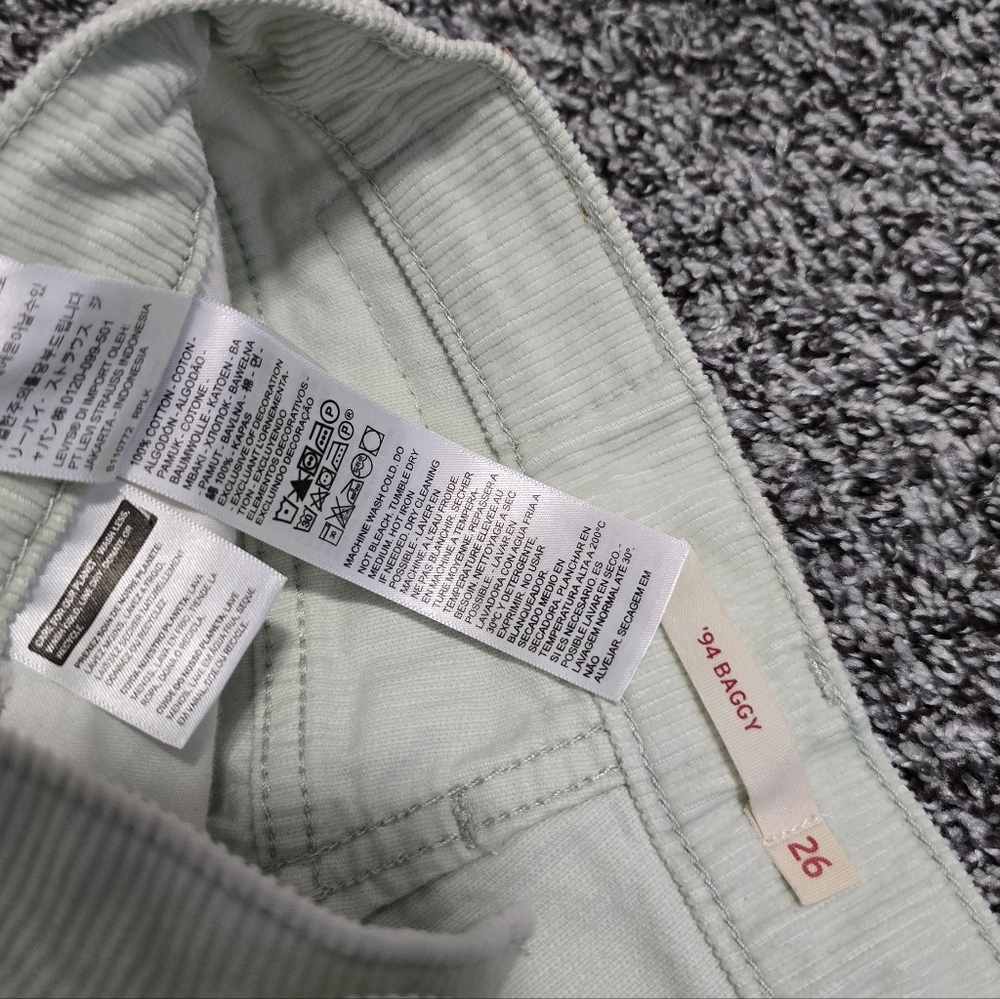 Levi's 94 Baggy Light Lime Green High Rise Relaxed Fit Straight Leg Corduroy - Picture 6 of 6